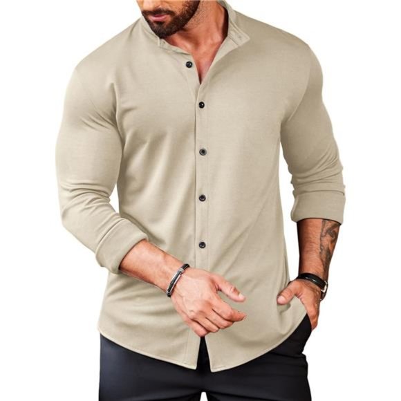 Mens Muscle Fit Dress Shirts Wrinkle Free Khaki